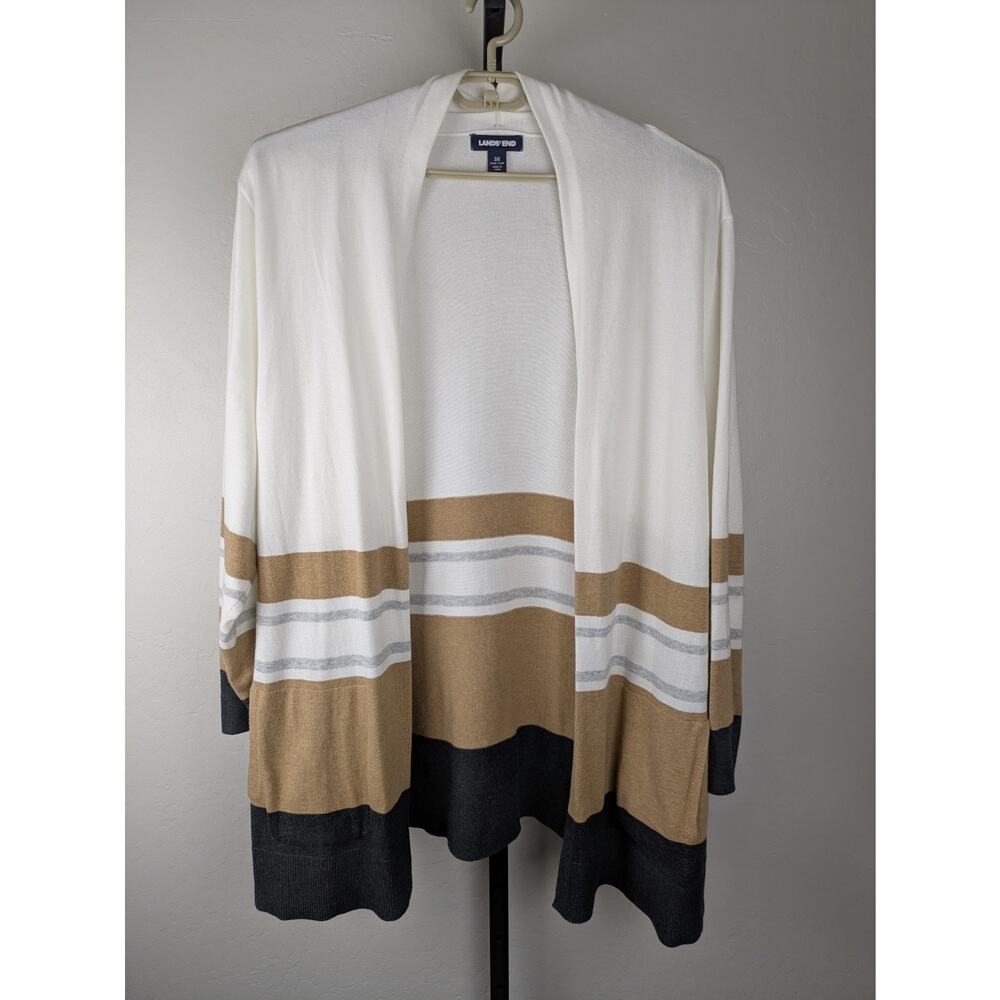 Lands’ End 3X Open Front Long Line Cardigan Sweater ivory tan gray stripe